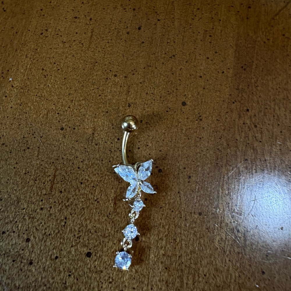 Gold Butterfly Drop Belly Ring with Clear Cubic Zirconia